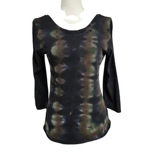 Raquel Allegra Black Tie Dye Scoop Neck Deep U-Back 3/4 Sleeve Cotton Top Size 2